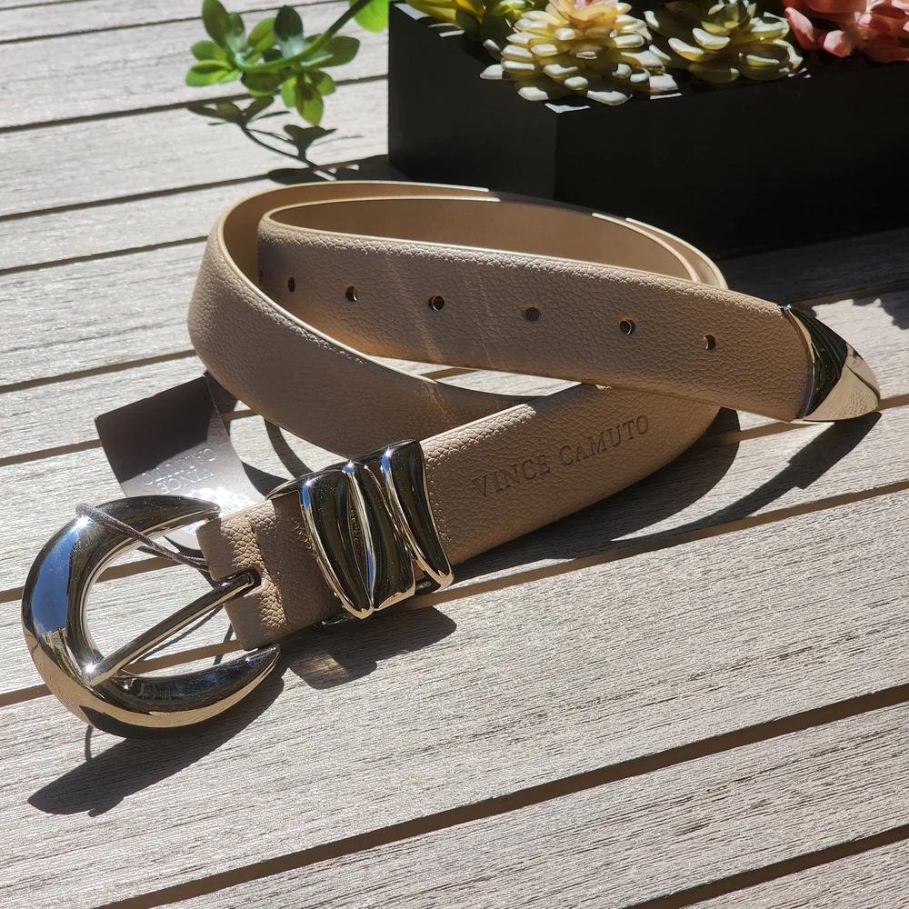 Vince Camuto Women's Sculptural Sand Faux Leather Belt Silver Buckle Size XL - Picture 4 of 9